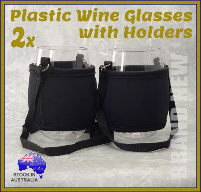 2x PET Plastic Wine Glass with Neoprene Insulator Holder Lanyard Strap Gift