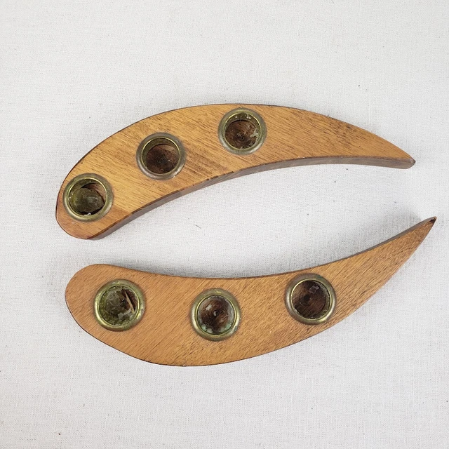 Pair of Weston Bowl Mill wood brass MCM Mid Century candle stick holders