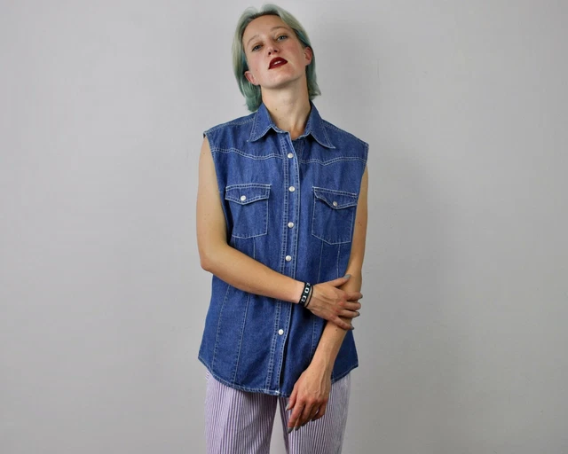 Vintage Donna Denim senza Maniche Camicia Giacca Gilet IN Cotone Grande Top L
