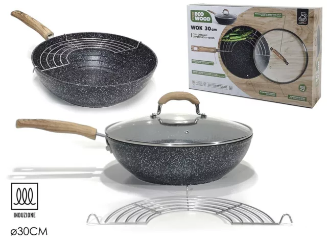 Wok Padella antiaderente in alluminio a induzione con coperchio e griglia 30 cm