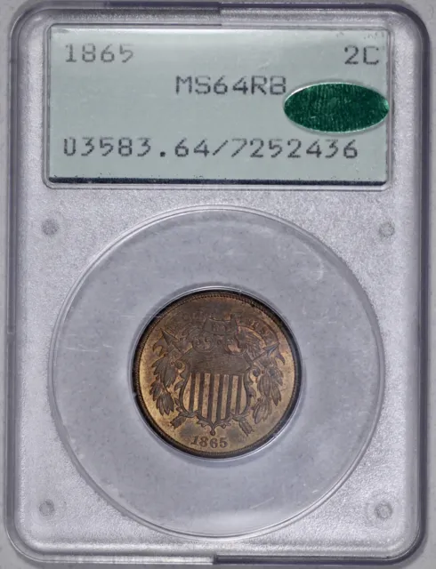 1865 2c Two Cent Piece PCGS MS 64 RB CAC Approved Rattler Holder
