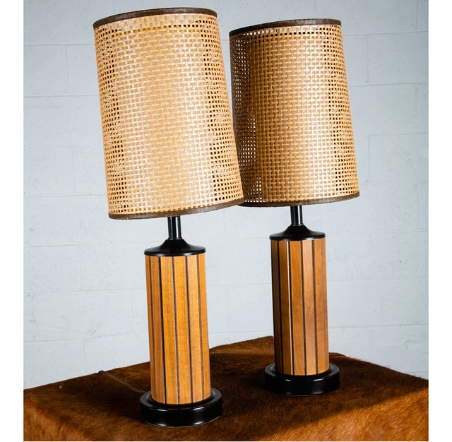 MID CENTURY MODERN Lamp Set Table Light lighting Walnut Wood Cane Shade