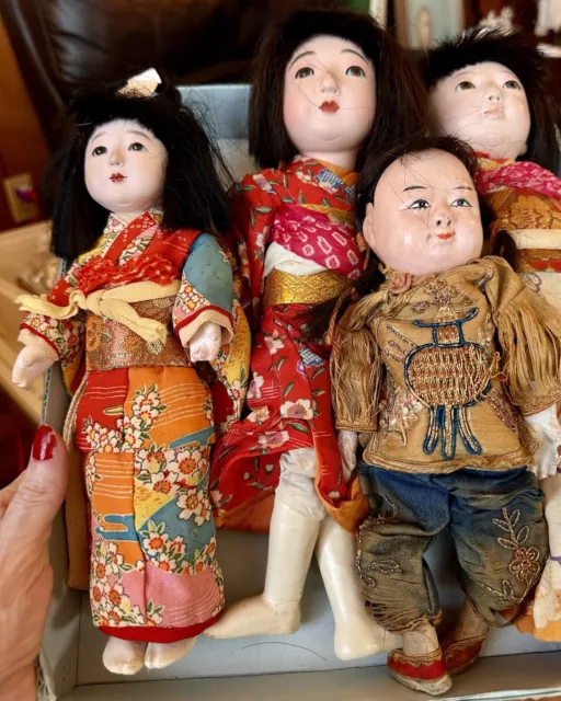 Ichimatsu Girl Doll Lot Of 4 Japanese Vtg 12” Gofun Maiko Child Silk Kimono Doll
