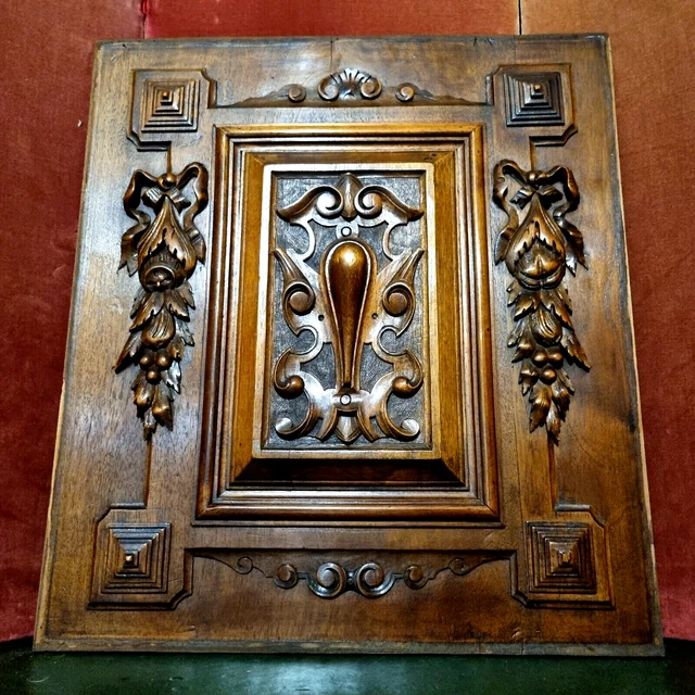 Scroll crowned shield wood carving panel - Antique French architectural salvage