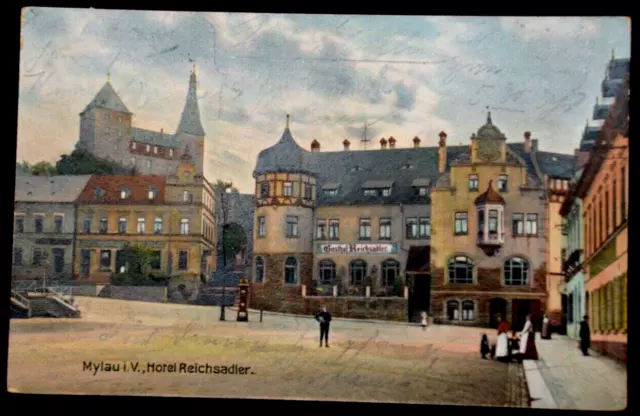 59666 AK Mylau im Vogtland Hotel Reichsadler Gasthof Passanten auf Markt 1906