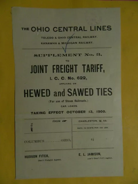 1900 Toledo Ohio Central Kanawha & Michigan Railway tariff steam railroads ties
