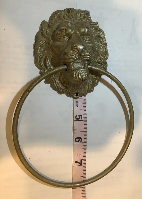 Vintage TOWEL RING Lion Head GOLD BRASS LARGE 8” Long, Door Knocker’