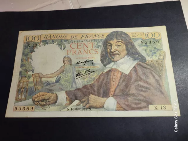 Billet 100 Francs Descartes 1942( Sans Epinglage) Tres Rare En  L'état