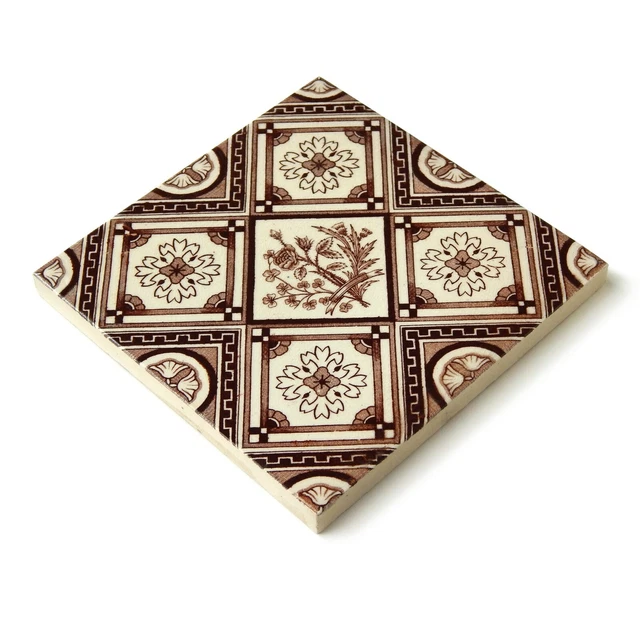 Antique Tile Victorian Aesthetic Floral Jackson Clay Hearth Transfer Brown White 10