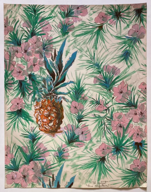 Projet de papier peint gouache / tapisserie années 50 "Féerie cingalaise" ananas