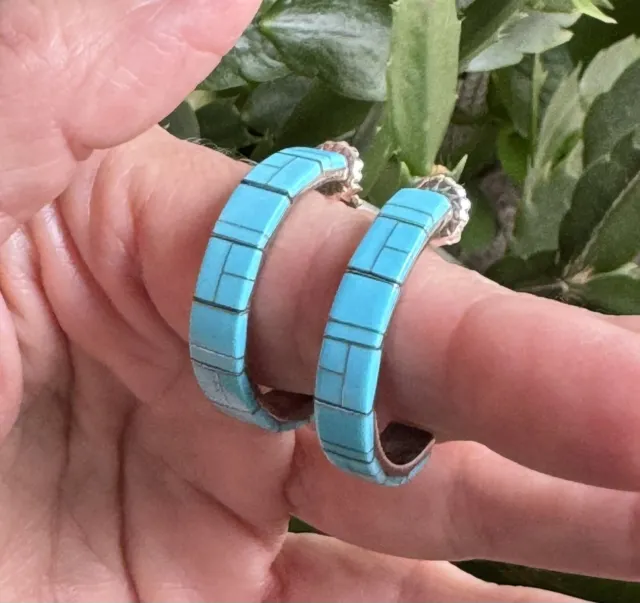 Beautiful Zuni Inlaid Turquoise Sterling Hoop Earrings