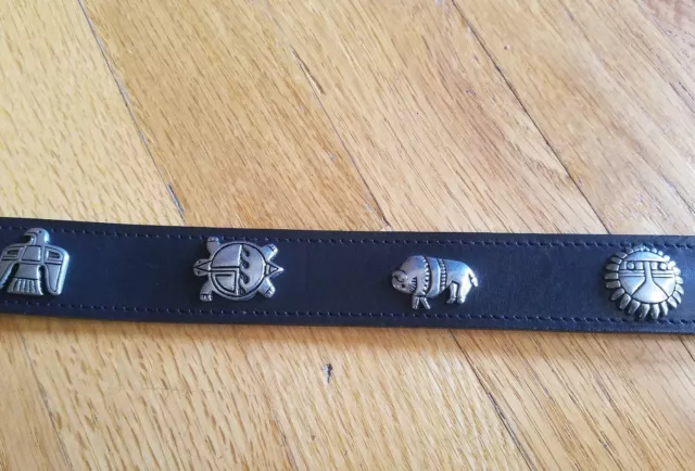 Kids Boys Southwest tribal leather black belt silver animals symbols USA made 24