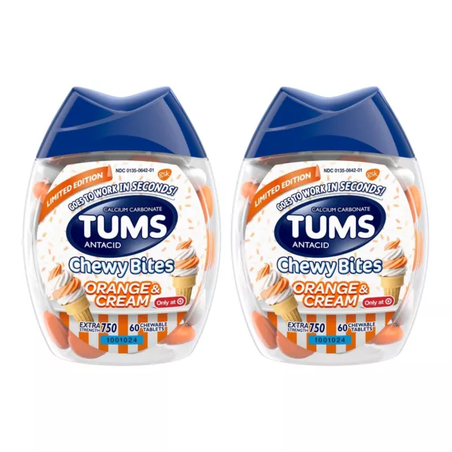 TUMS Chewy Bites Calciumcarbonat Antazida,Orange & Sahne, 60 Tabletten, 2er-Pack