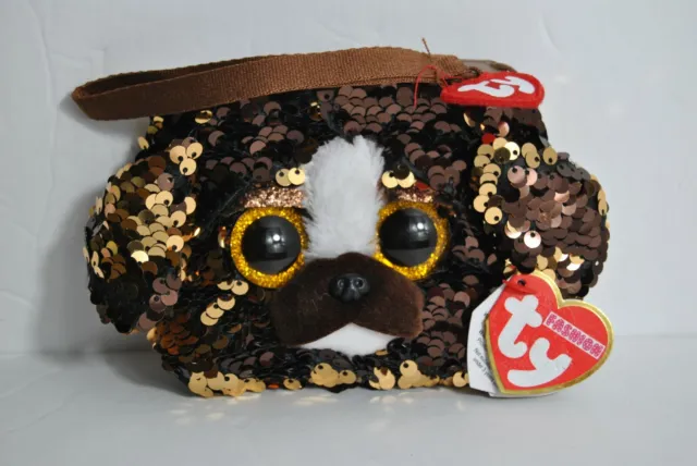 TY Beanie Fashion Coin Purse/Wallet with Heart Tag "Brutus" Big Eye Sequins/Fur
