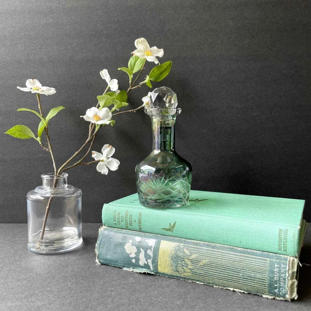 Vintage Cut-to-Clear Bohemian Glass Perfume Bottle Green With Stopper