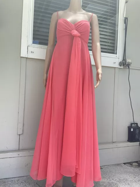 Vtg 70s Les Wilk Coral Pink Chiffon Strappy Maxi Formal Dress 8