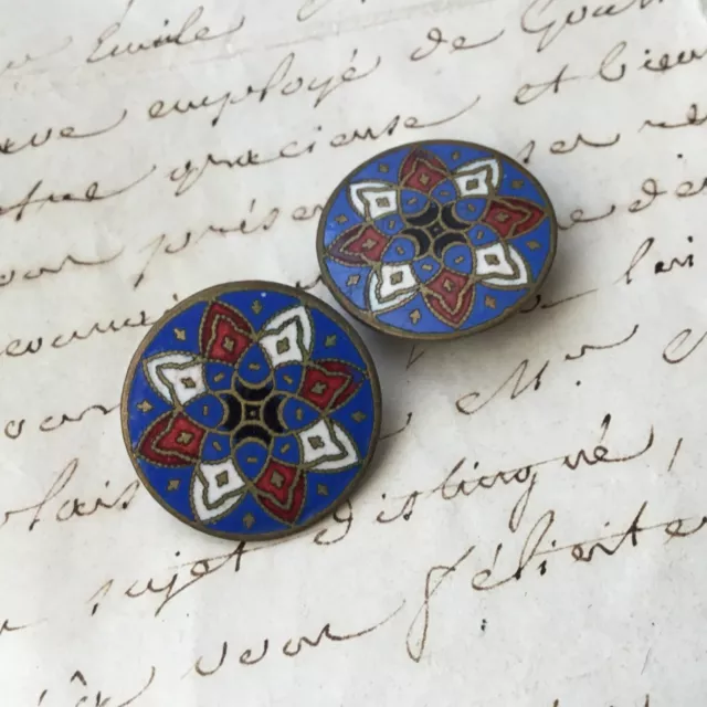 Paire BOUTONS De Col Emaillés XIXè Email 22 mm Enamel Collar Buttons 19C