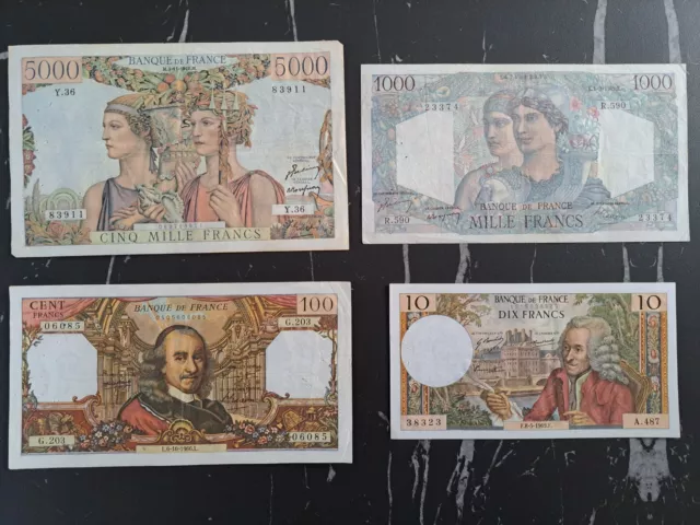 LOT DE 4 BILLETS : 5000 FRANCS TERRE ET MER, 1000 FRANCS MINERVE et HERCULE....