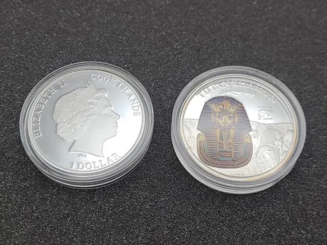 Lote de 2 monedas de plata 2012 de las islas Cook Tutankamón reina Isabel