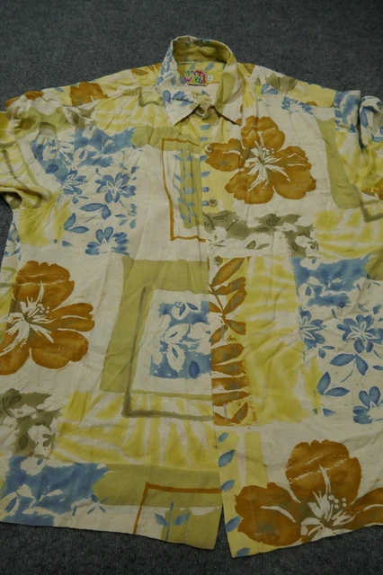 Jams World Button Up Shirt Adult Large Yellow Casual Hawaiian Floral Rayon Mens