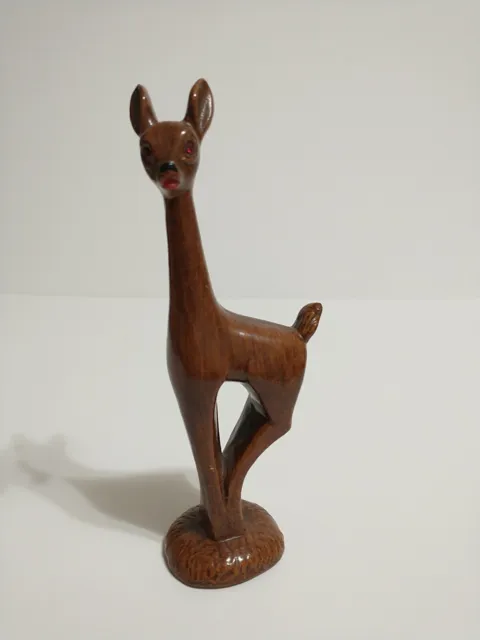 Mid Century Wooden Deer Sculpture Carving Red Rhinestone Eyes ITALY Vintage #702