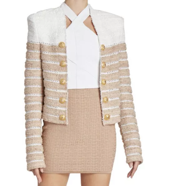 New $2795 Balmain Striped Metallic Tweed Jacket Beige/Multi 44/12 France 2