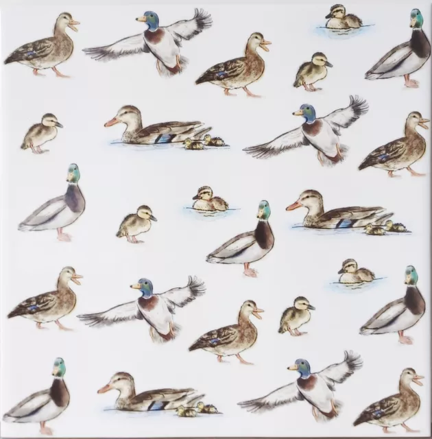 Ducks Tile 20cm 8" Decorative Ceramic Collage Mallard Wild Ducks Hand Decor UK