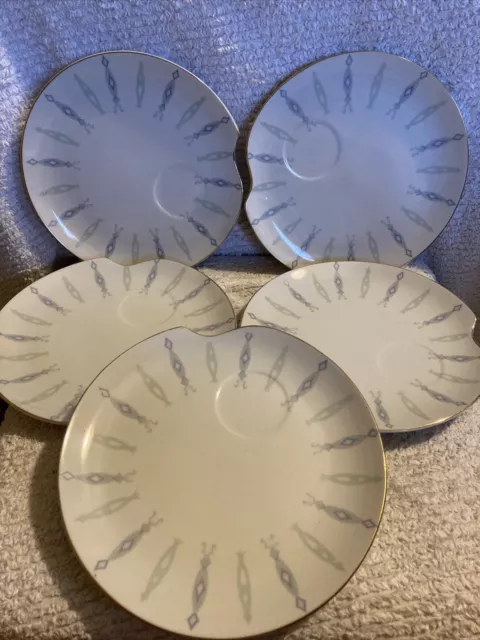 5 PC Vintage Lefton China 8” Snack Plates Shell Shape Blue Green Columns Gold 2