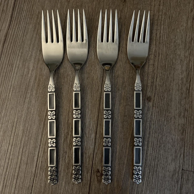 4 Oneida Community MADRID BLACK Accent Glossy Stainless Flatware DINNER FORKS