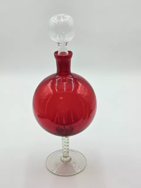 Vintage Italian Hand Blown Glass Decanter Bolbous Twisted Pedestal Stopper 16.5" 2