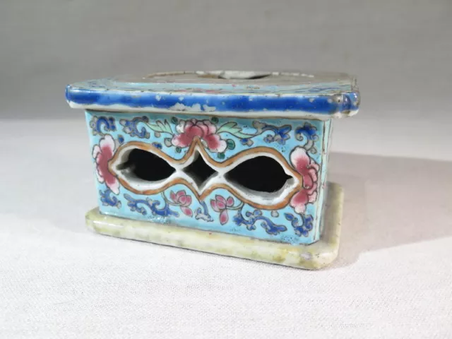 Ancien Socle Porcelaine Polychrome Fleurs Feuillages Chine Pour Statuette