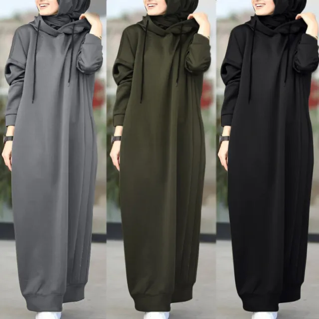 Lose Maxi Abaya Jilbab Kleid Tops Frauen Muslim Hoodie Pullover Langarm