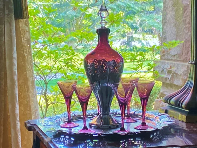 Lovely Art Deco Cambridge Farber Bros Amethyst Decanter, Tray & 6 Sherry Glasses Lovely Art Deco Cambridge Farber Bros Amethyst Decanter, Tray & 6 Sherry Glasses