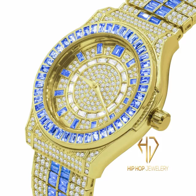 Montre-bracelet de luxe baguette bleue saphir simulée diamant ton or 18 carats