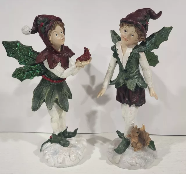 Pair of 10" Fairy Elf Pixie Statues: Design Toscano Christmas Cardinal Squirrel 3
