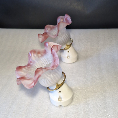 💡 ancienne lampe paire appliques tulipe en verre, support porcelaine
