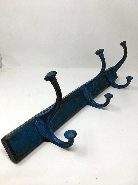 Old Wooden Brass Coat Hanger Hook Blue Painted Wall Fix Tie Hanger Hand Crafted 6