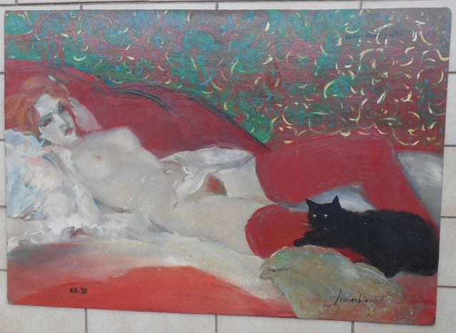 Proverbio Quadro Dipinto Ad Olio Nudo Con Gatto O Nudo Rosso Cm. 45 X 65