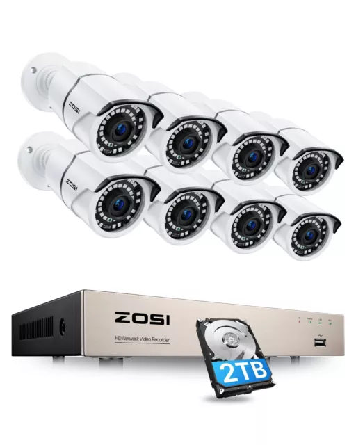 ZOSI H.265+ 5MP 8CH NVR HD POE Security Camera System Outdoor Watherproof 2TB