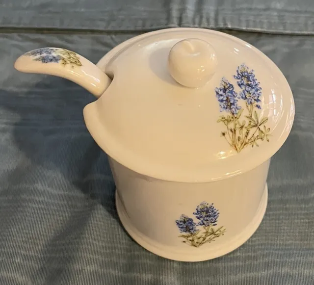 Vintage Texas Bluebonnet Lidded Sugar Bowl With  Spoon