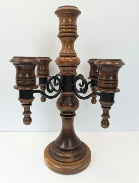 Vintage Wood and Wrought Iron 5 Arm Candelabra - Well Made 14 in.