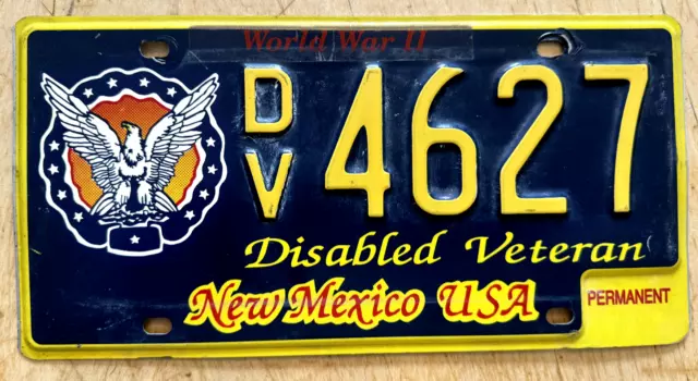 New Mexico Disabled Veteran World War Ii Army Vet License Plate " Dv 4627 " Nm