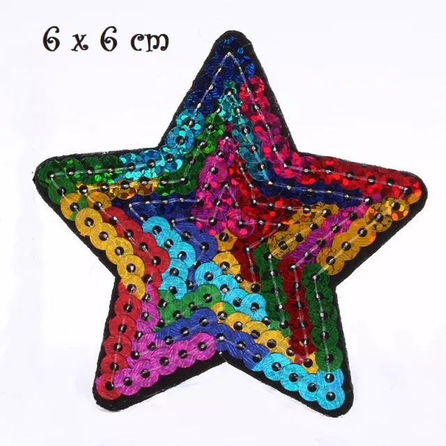 ÉCUSSON THERMOCOLLANT, Étoile arc en ciel, sequin scintillant multicolore, 6 cm