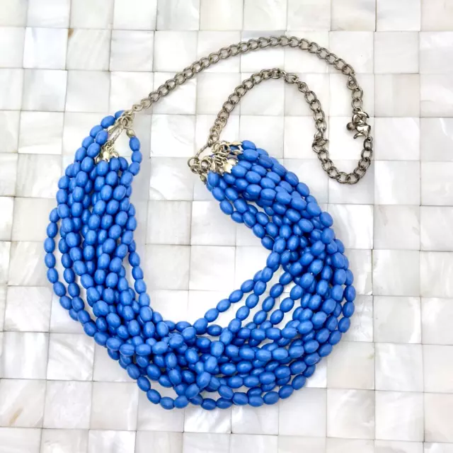 Blue & Silver Tone Beaded Statement Bib Necklace The Vintage Strand Lot #2195