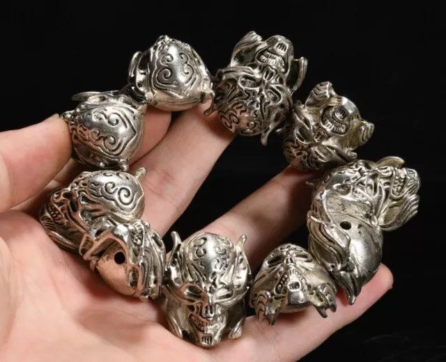 4.5'' Tibet Old Silver Skull Skeleton Head Jewelry Bracelet Hand Chain Bracelet