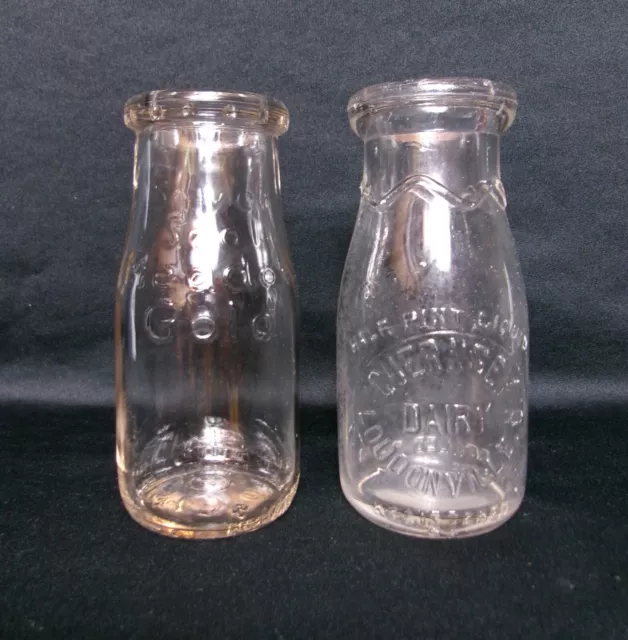 Lot/2 - Vintage ½ Pint Glass Cream Milk Dairy Bottles, GUERNSEY & MEADOW GOLD