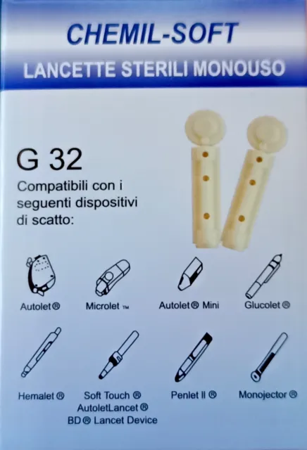 50 LANCETTE PUNGIDITO CHEMIL SOFT SCIOLTE PER MISURAZIONE GLICEMIA G32
