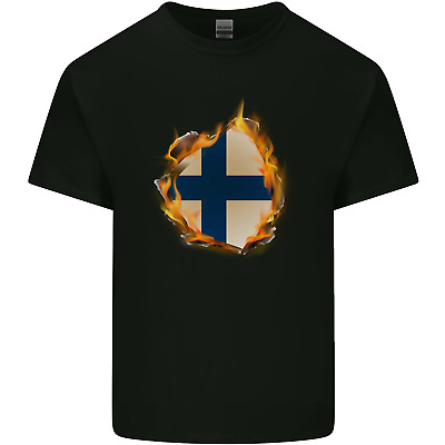 The Finnish Flag Fire Effect Finland Mens Cotton T-Shirt Tee Top