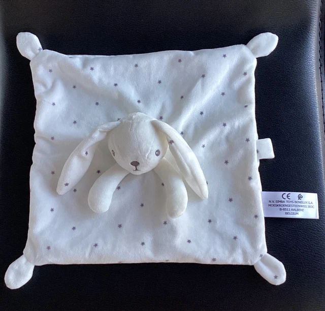 TBE Doudou plat lapin blanc étoiles grises Simba Toys attache tétine Blanc Kiabi