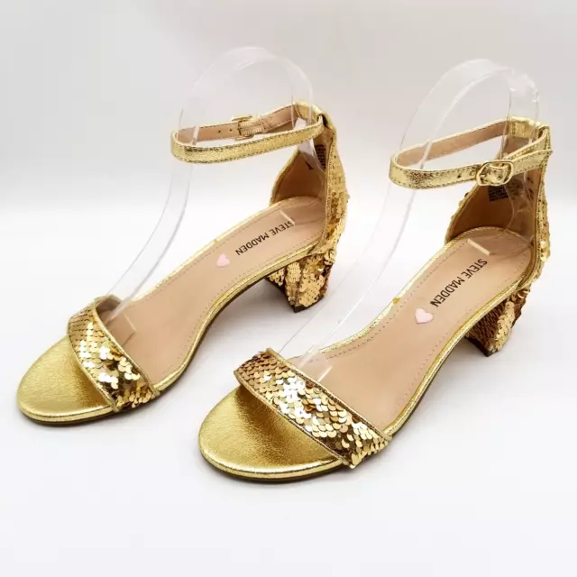 Steve Madden Girls  Carrson Sandal Size 5 Gold Sequin Ankle Strap Block Heel